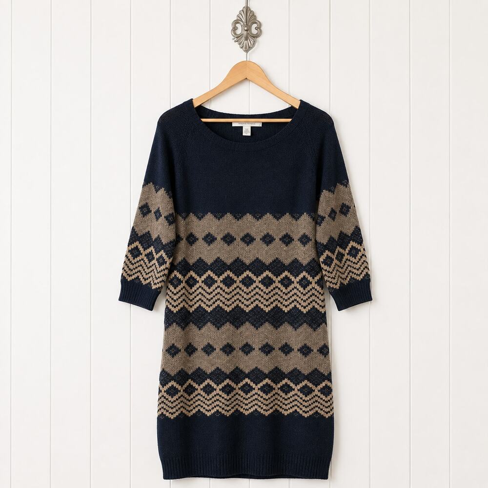 Max Studio Sweater Dress Women's M Brown Chevron Knit 3/4 Sleeve Pullover